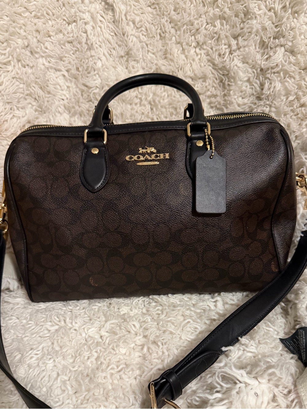 Coach large Rowan Signature Canvas satchel with Black Leather Trim walnut color
